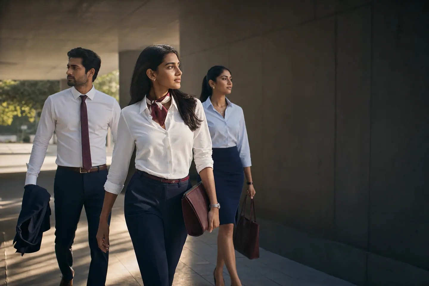 A corporate team walking in coordinated formal uniforms