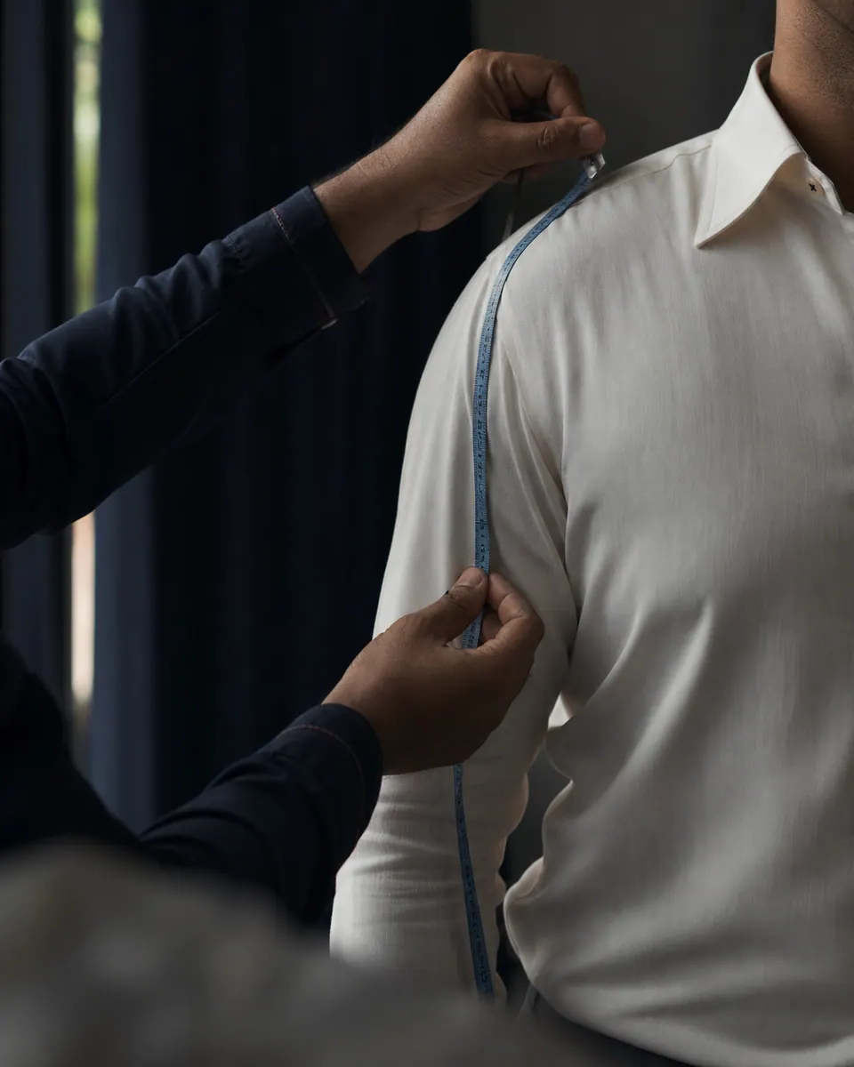 A tailored shirt being measured across the chest