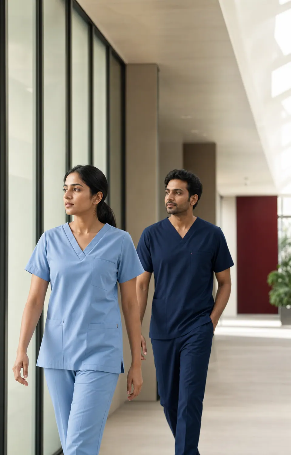 Healthcare professionals walking in coordinated blue scrubs