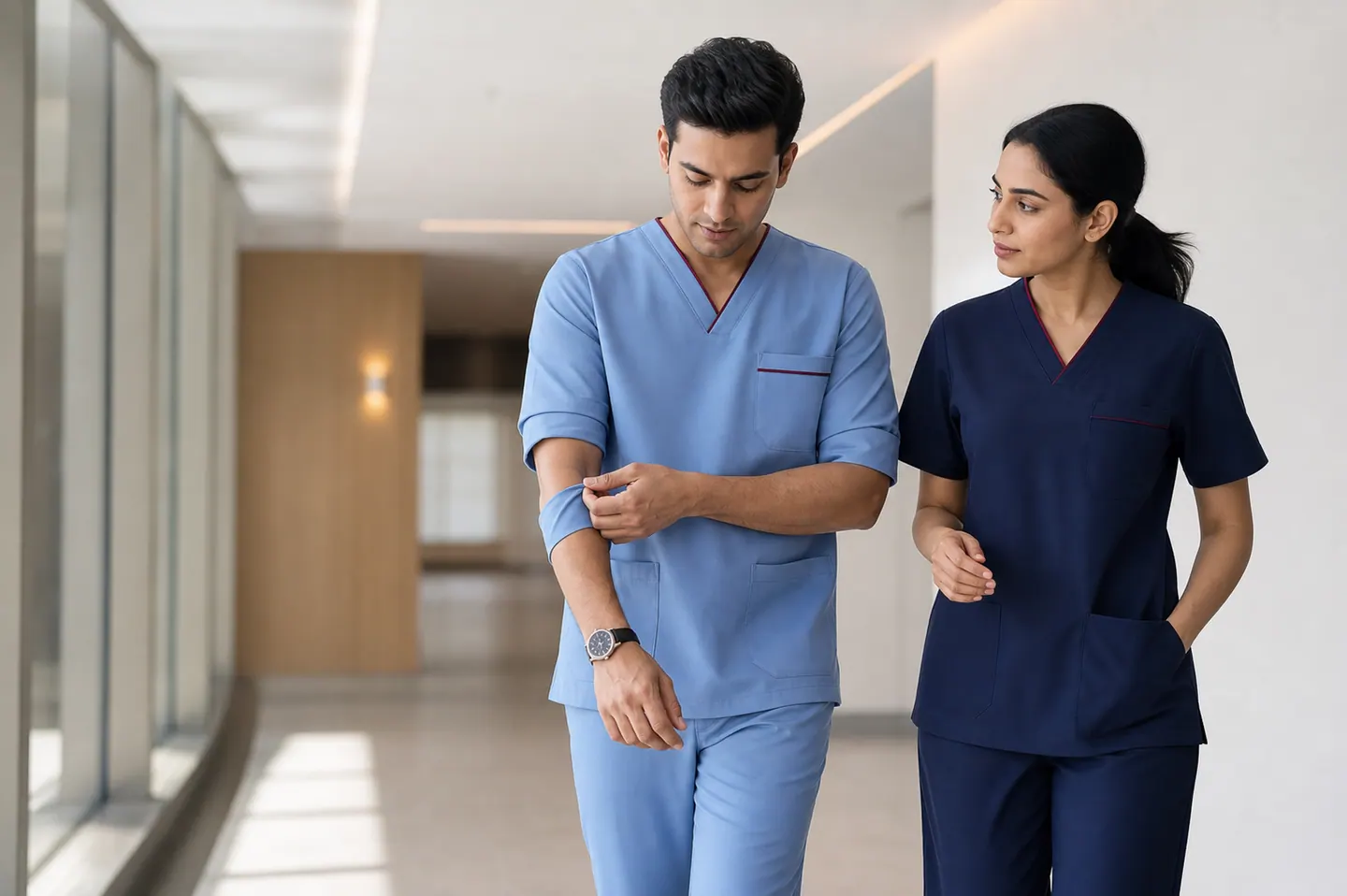 Healthcare professionals considering movement in coordinated clinical uniforms